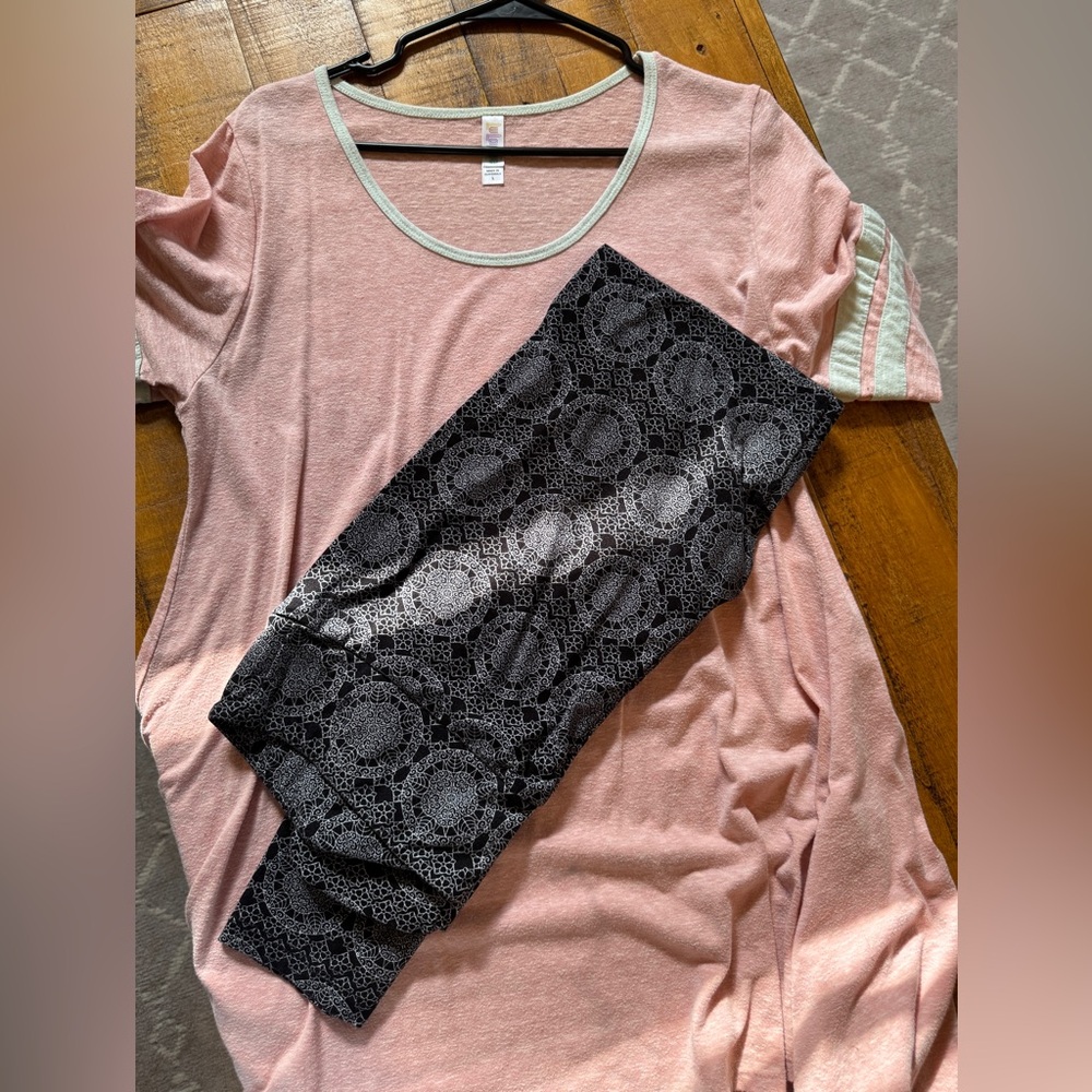 LulaRoe Pink Top with Black Lace Leggings